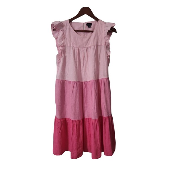 J.CREW Dresses & Skirts - J.Crew Linen Blend Ruffle Sleeve Tiered Mini Dress Size 6 Pink